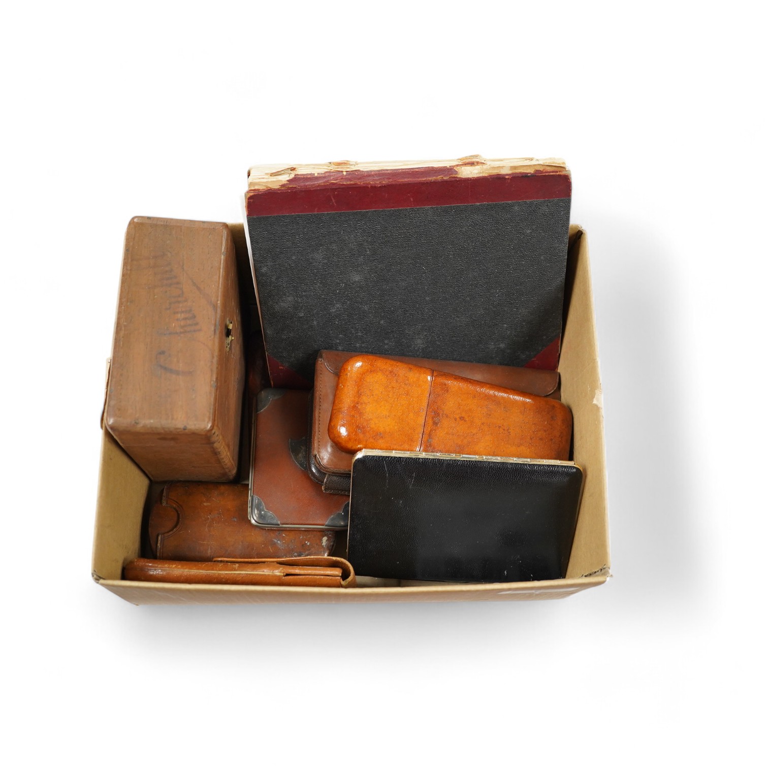 Assorted leather cigar cases, a shagreen cigarette case, a book of cigar labels and a wooden box, shagreen case 9cm high. Condition - box poor, cases fair to good